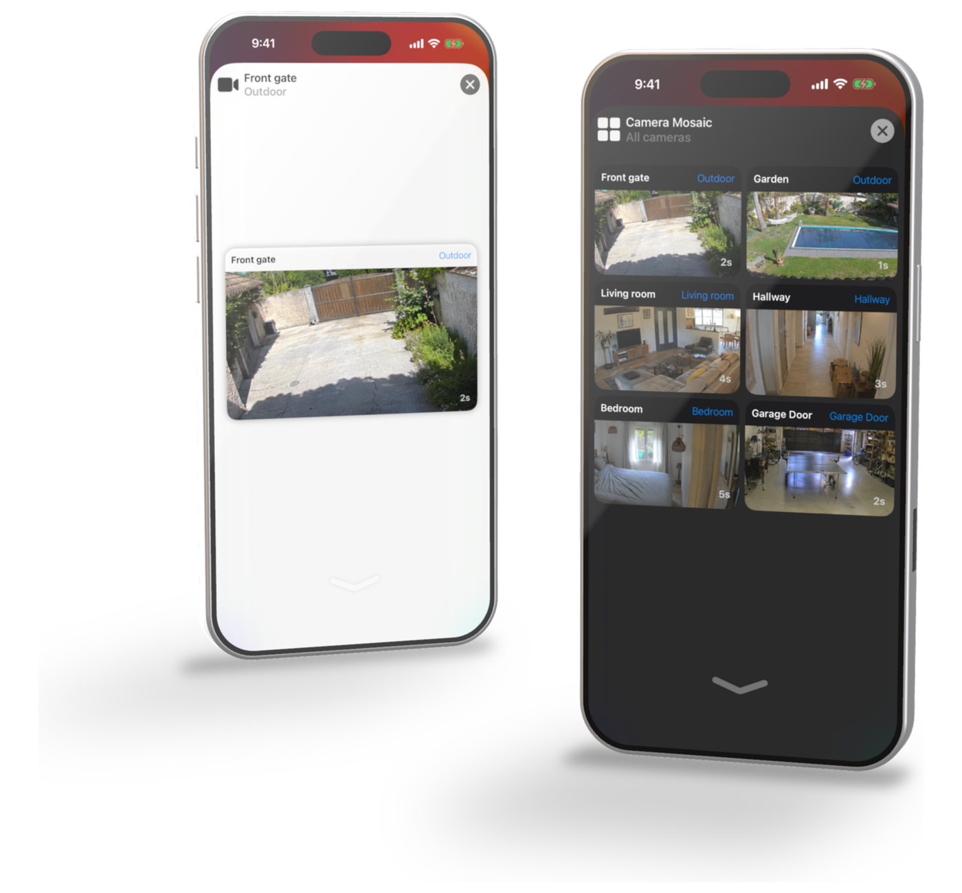 Et valgt HomeKit-kamera og en mosaik med seks kameraer åbnet i Home Widget på iPhone