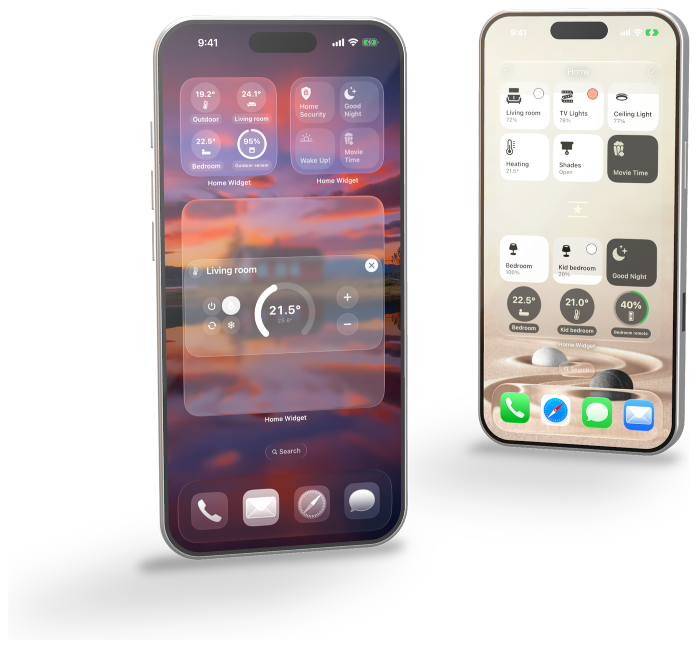 Home Widget-betjening af termostatens måltemperatur på hjemmeskærmen på iPhone ved siden af et panel med lys, temperaturer og en luftfugtighedsværdi