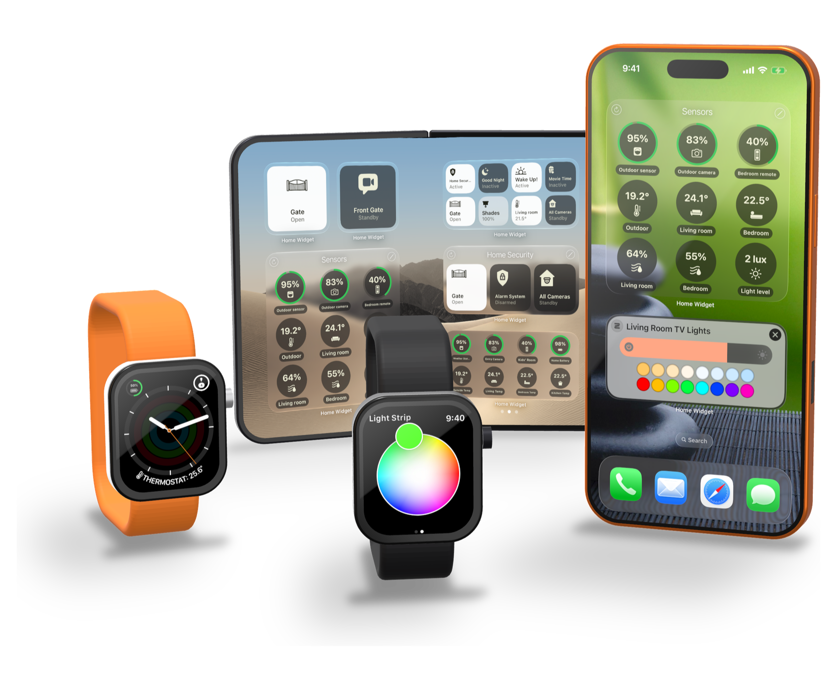 Home Widget på en iPhone, en udfoldet iPhone Duo og to Apple Watch-ure: HomeKit-paneler med scener, lys, sensorer, batterier og kameraer, en termostatkomplikation og et farvehjul til lys