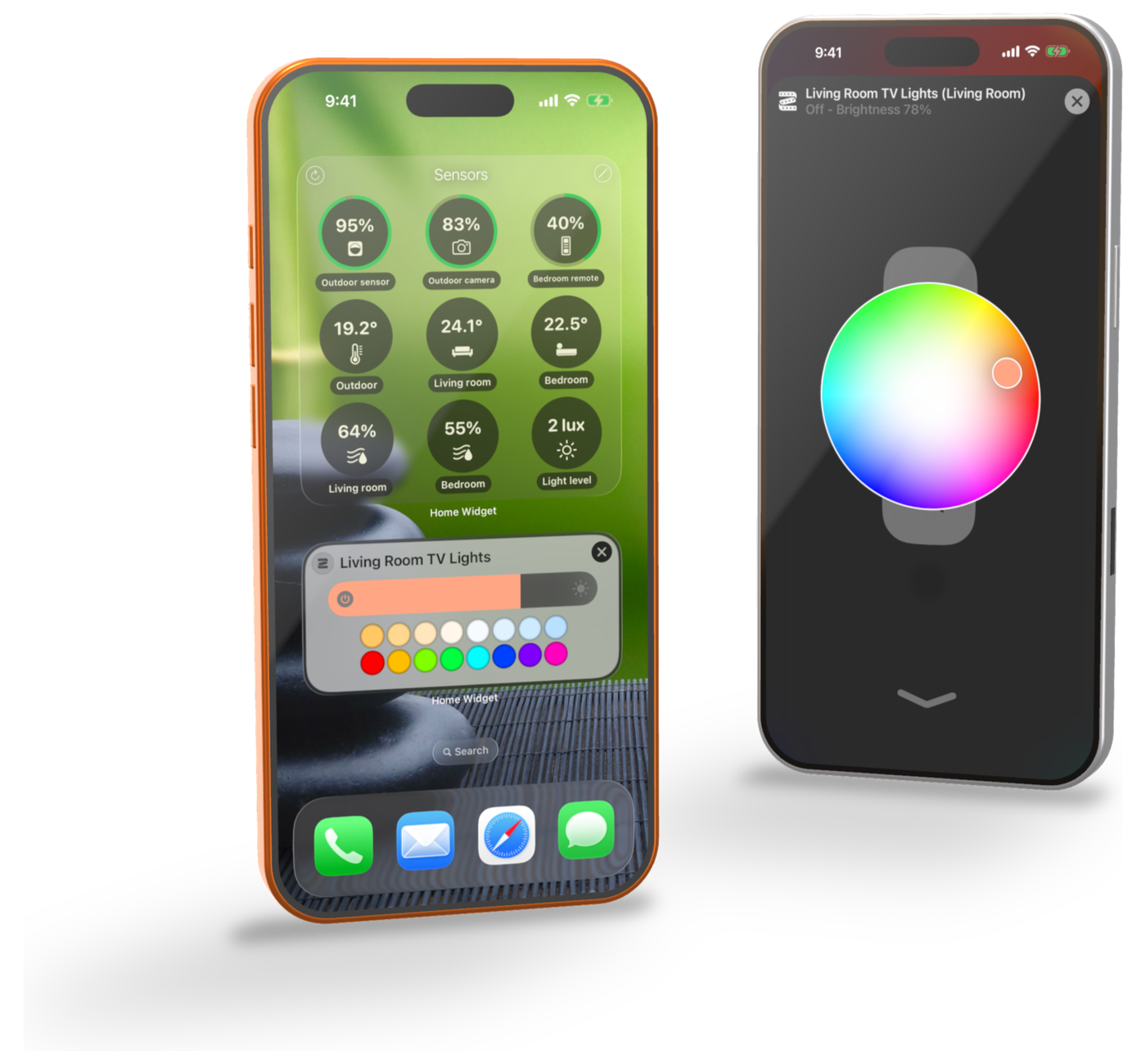 Forvalgte lysfarver i et Home Widget-panel og det fulde farvehjul for en HomeKit-lysstrimmel