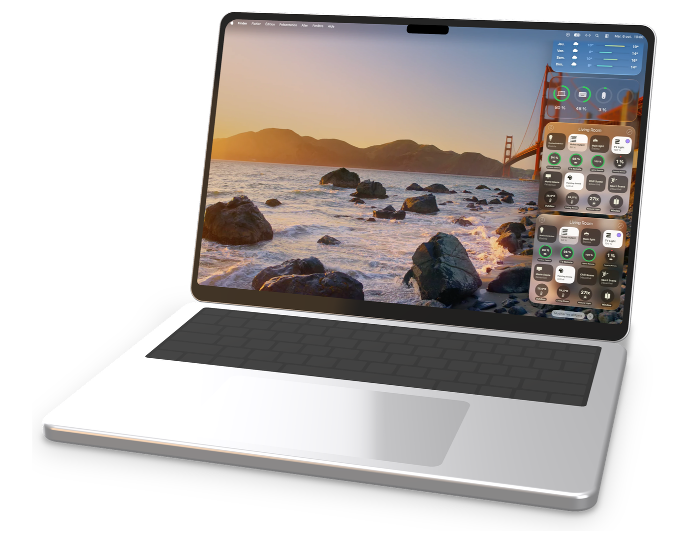 Et skrivebord på en MacBook Pro med Home Widget-paneler: vejr, batterier i tilbehør og to HomeKit-paneler til stuen