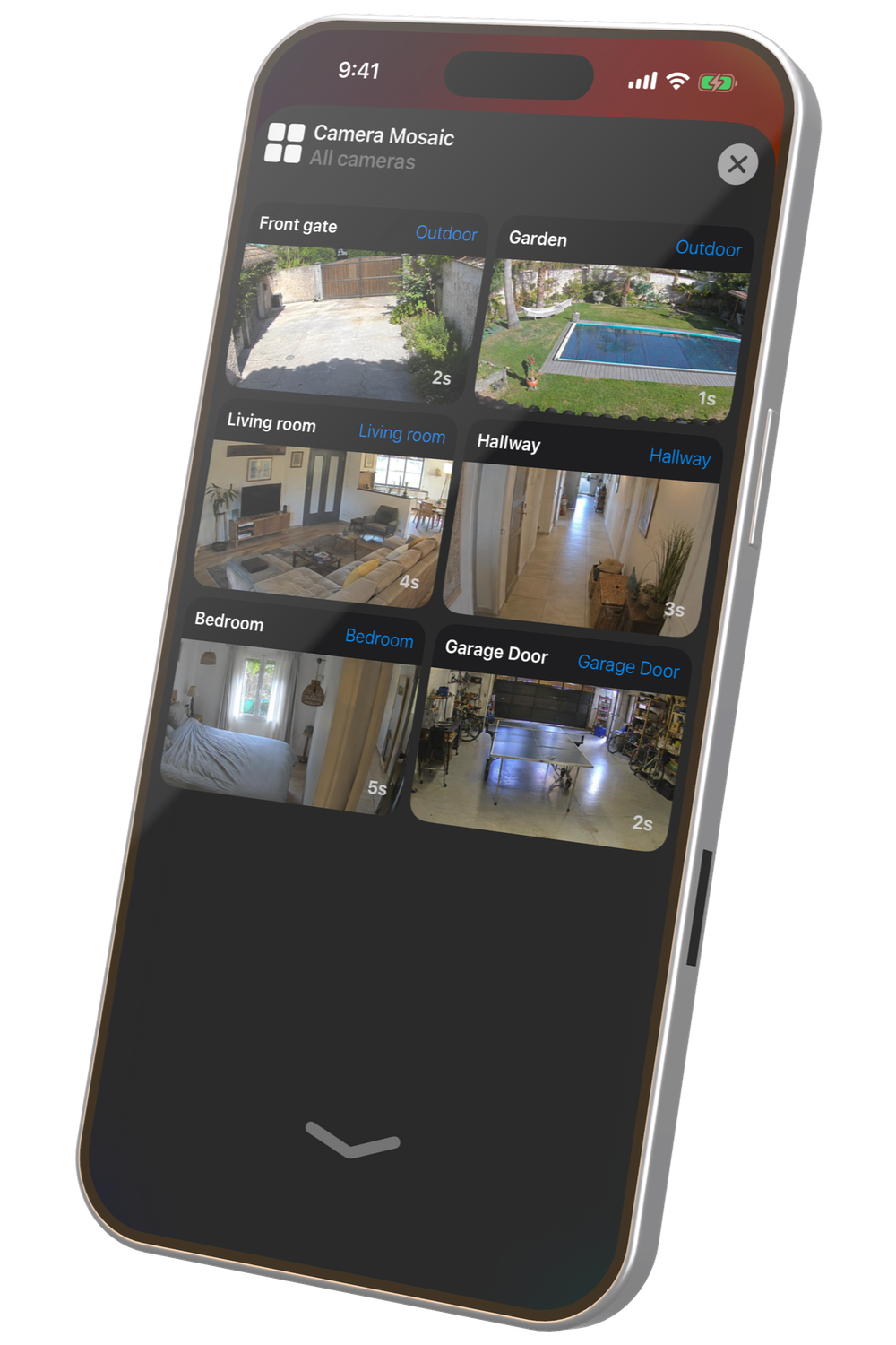 En HomeKit-mosaik med seks kameraer åbnet i Home Widget på iPhone