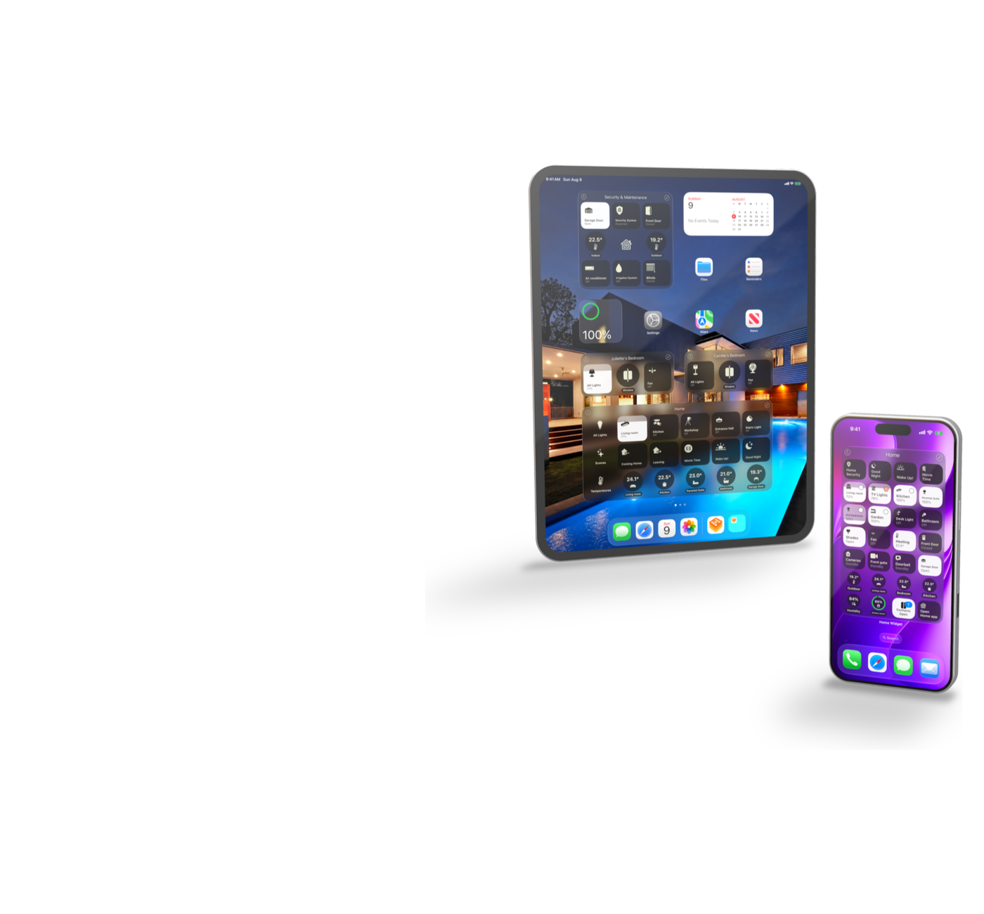 Home Widget-paneler på hjemmeskærmen på en iPad og et ekstra stort iPhone-panel med lys, scener, temperaturer, kameraer og tællere