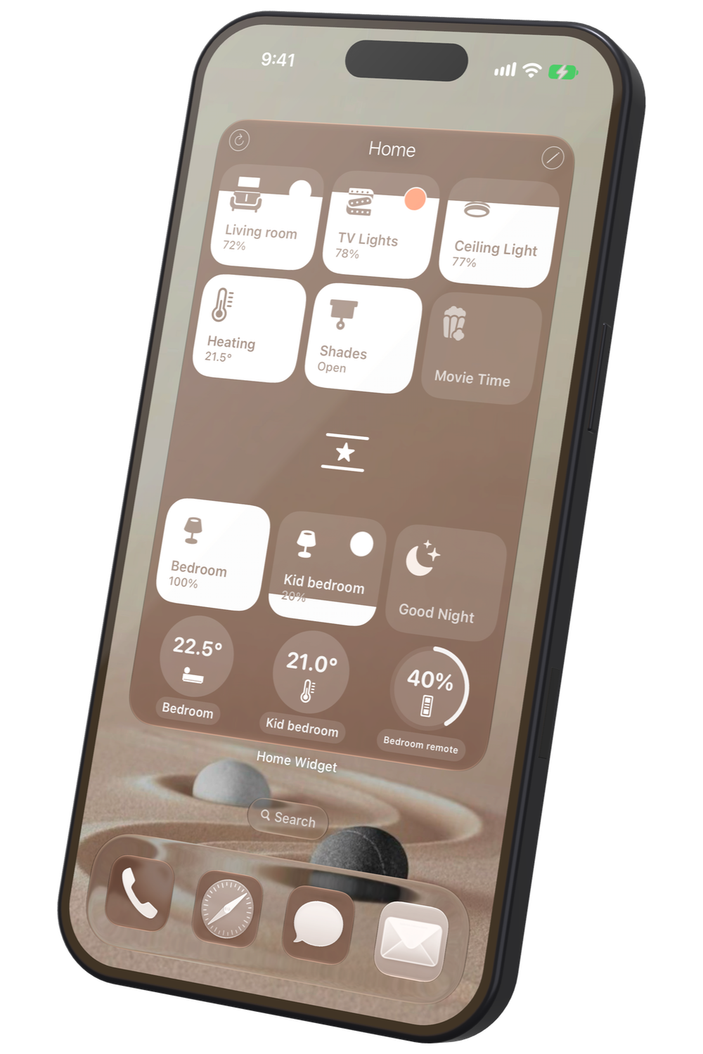 Et Home Widget-panel i hjemmeskærmens mørke tonede stil på en iPhone