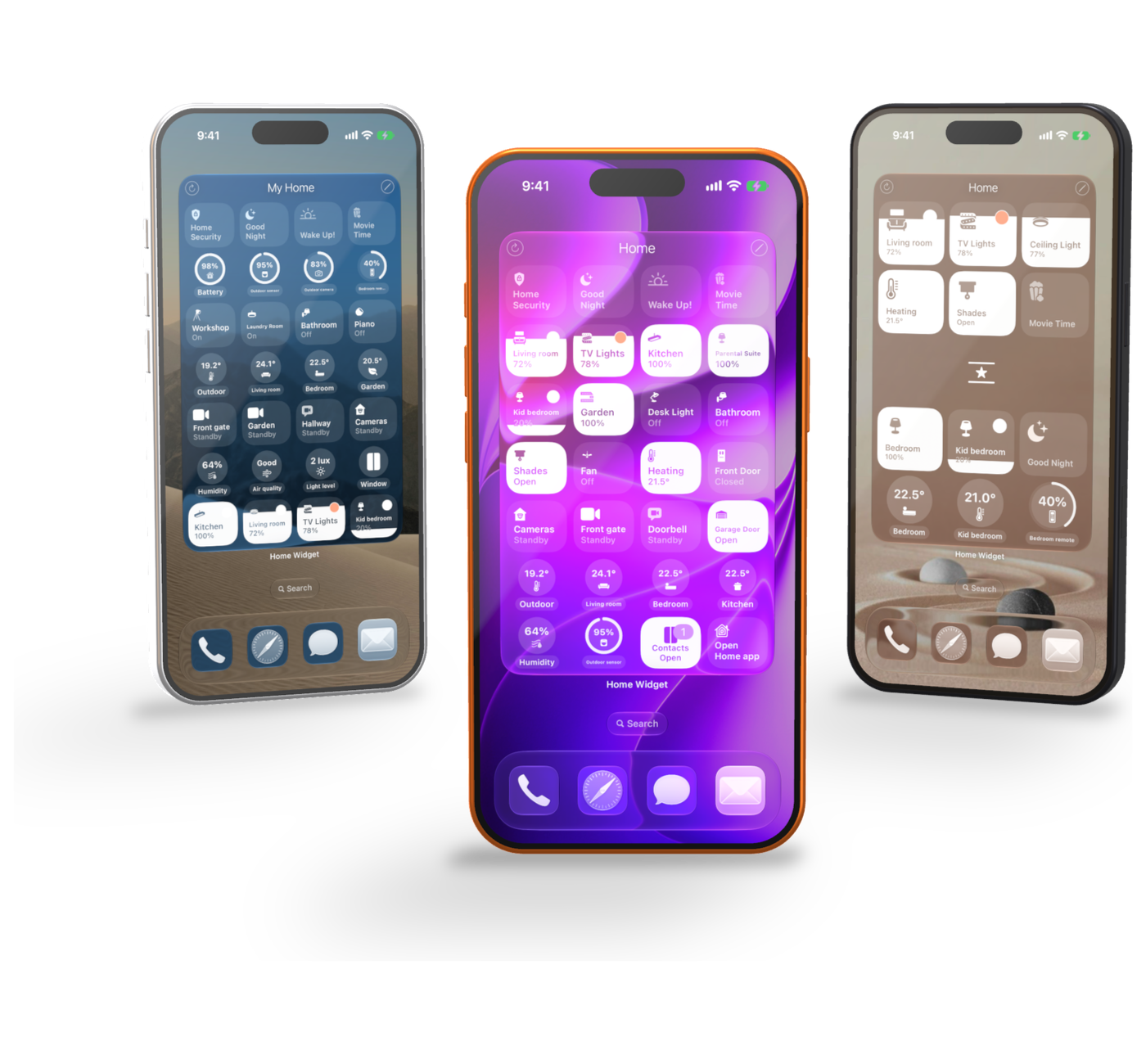 Tre iPhones med det samme Home Widget-panel i lys tonet, transparent og mørk tonet stil på forskellige baggrunde