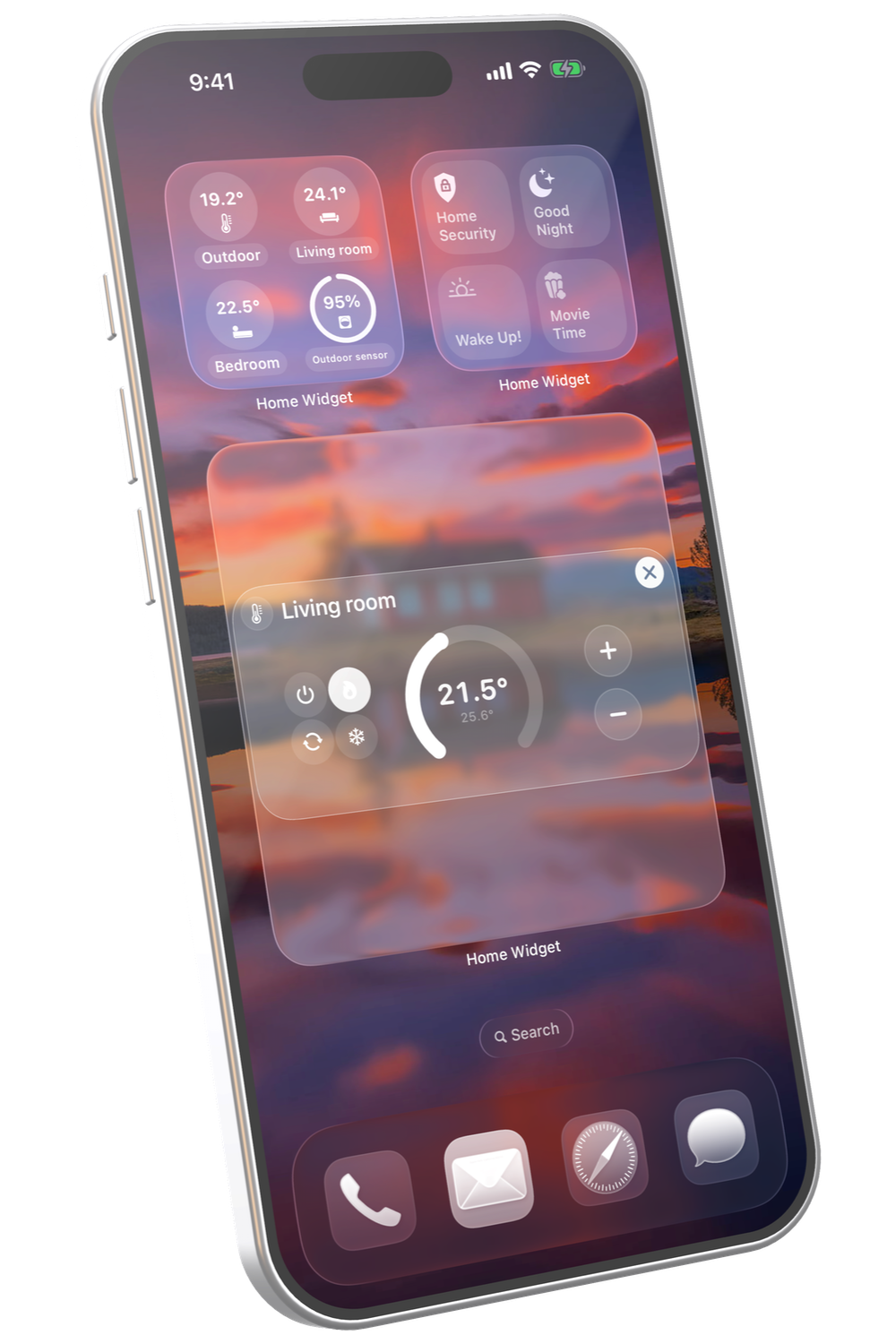 En Home Widget-termostatbetjening indstillet til 21,5° på hjemmeskærmen på en iPhone