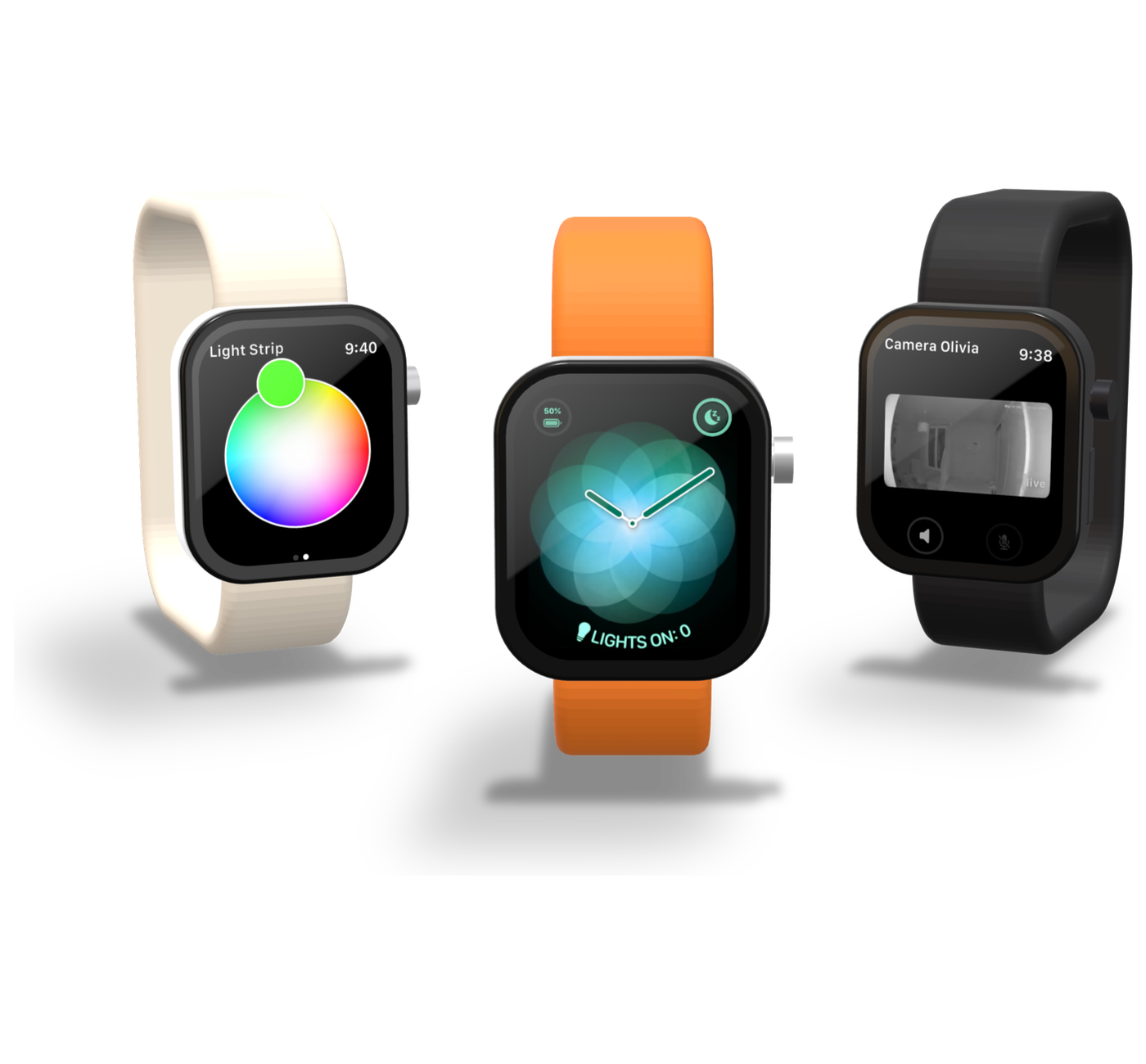 Tre Apple Watch-ure med Home Widget: et farvehjul til lys, en urskive med en lyskomplikation og et HomeKit-kamera