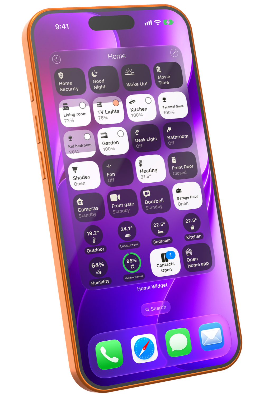 Et ekstra stort stående Home Widget-panel med 28 HomeKit-felter på hjemmeskærmen på en iPhone